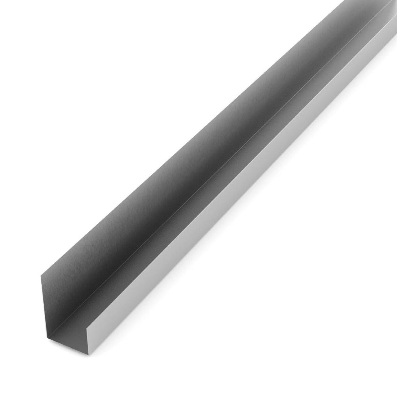 A 1/2 in. x 10 ft. Metal J Drywall Trim by Go Build, The Fastest Way To Build, features a long, metallic 90-degree angle with a smooth, reflective surface, shown on a white background.